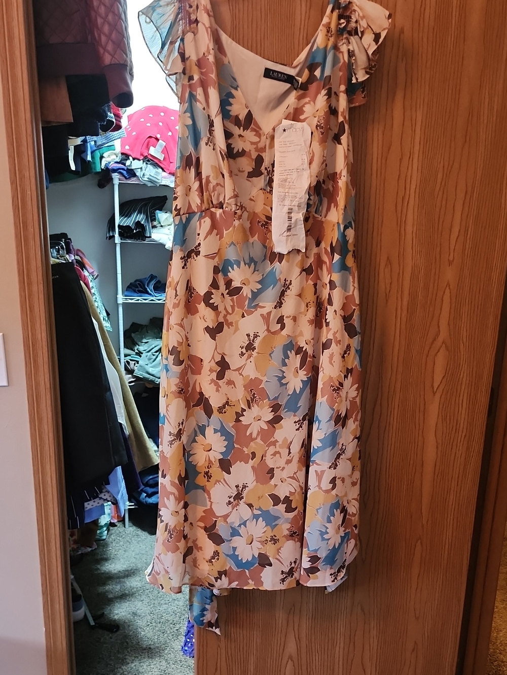 Lauren Ralph Lauren Cream Floral Midi Dress with Blue and Brown Accents